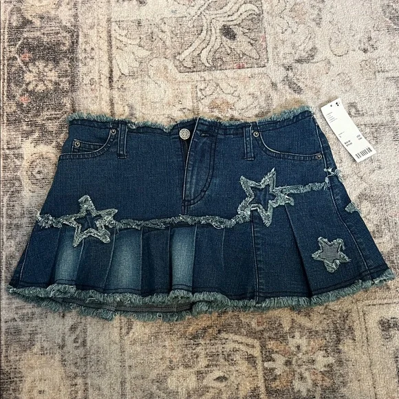 Denim Star Embellished Skirt Pearl Embellished Denim Skirt – Doe A - Main Image